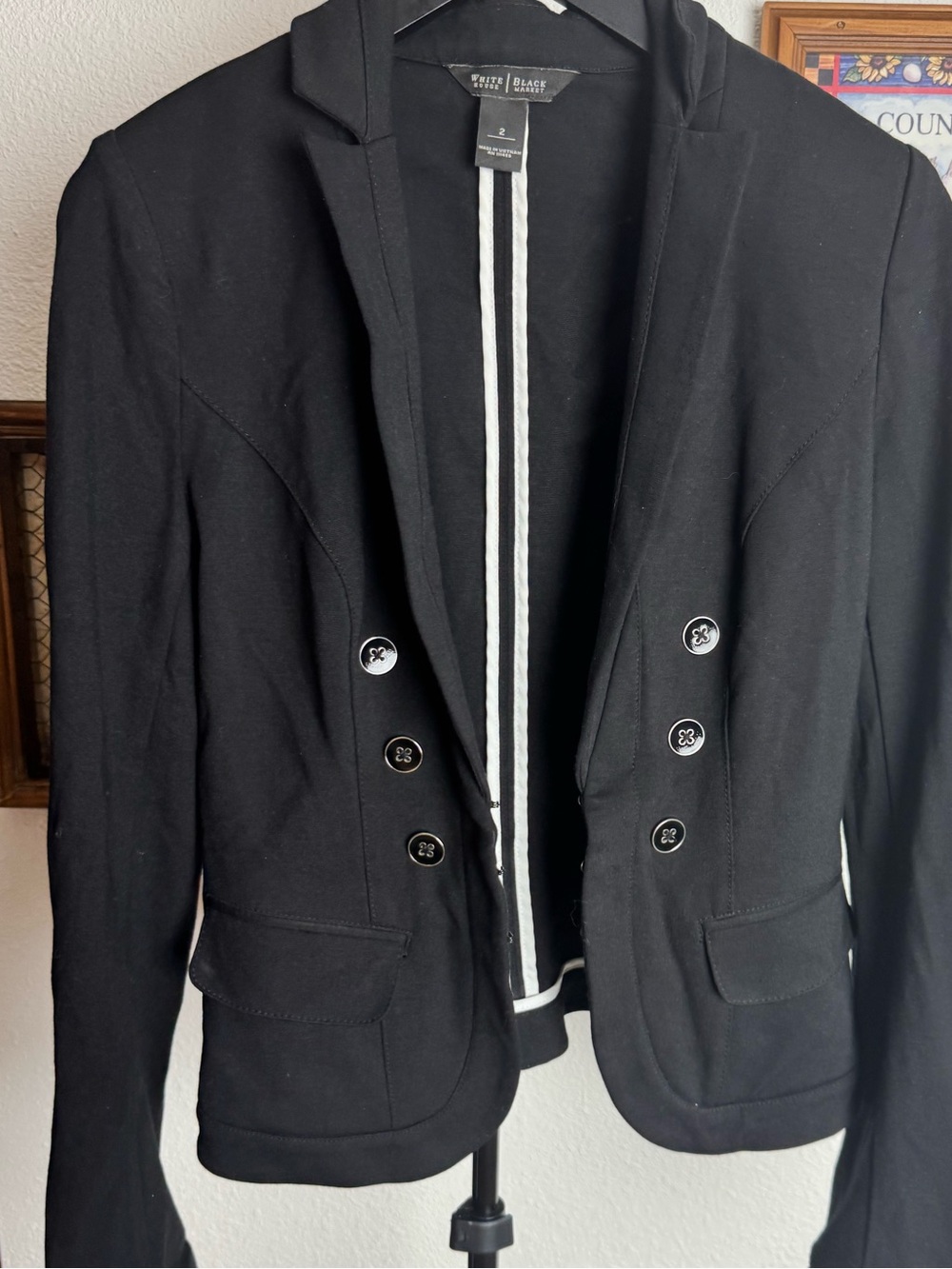 White House Black Market Black Double-Breasted Ponte Blazer with Contrast Size 2